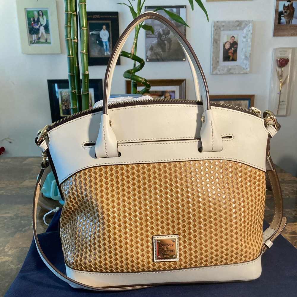Dooney & Bourke Tan and White Wicker Purse with crossbody strap